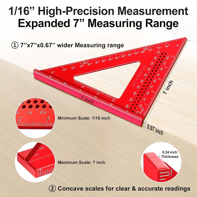 ARTYMASTER 7 inch Carpenter Square, 1/16" Precision Hole Scribing Square Tools, 0-90° Aluminum Alloy Rafter Square, Woodworking Square & Carpenter Pencils 12 Refills AM13E - Image 5